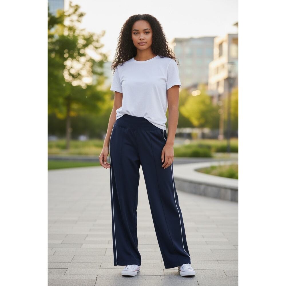 Athleta Navy Wide-Leg Track Pants with White Side Stripes